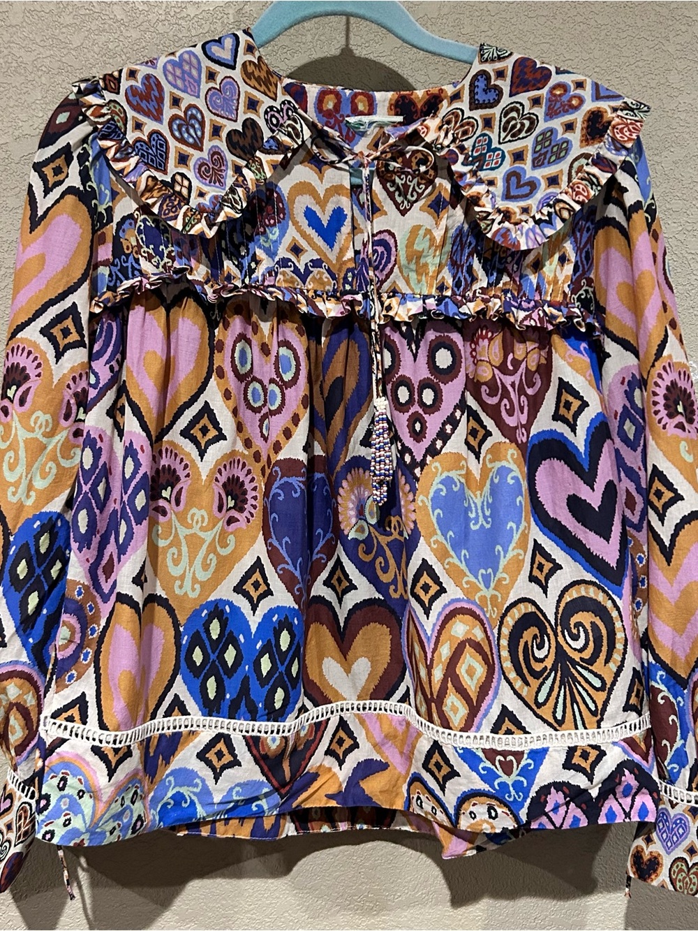 FARM RIO Hearts Ikat Cream Blouse, Women’s Small - Picture 2 of 10